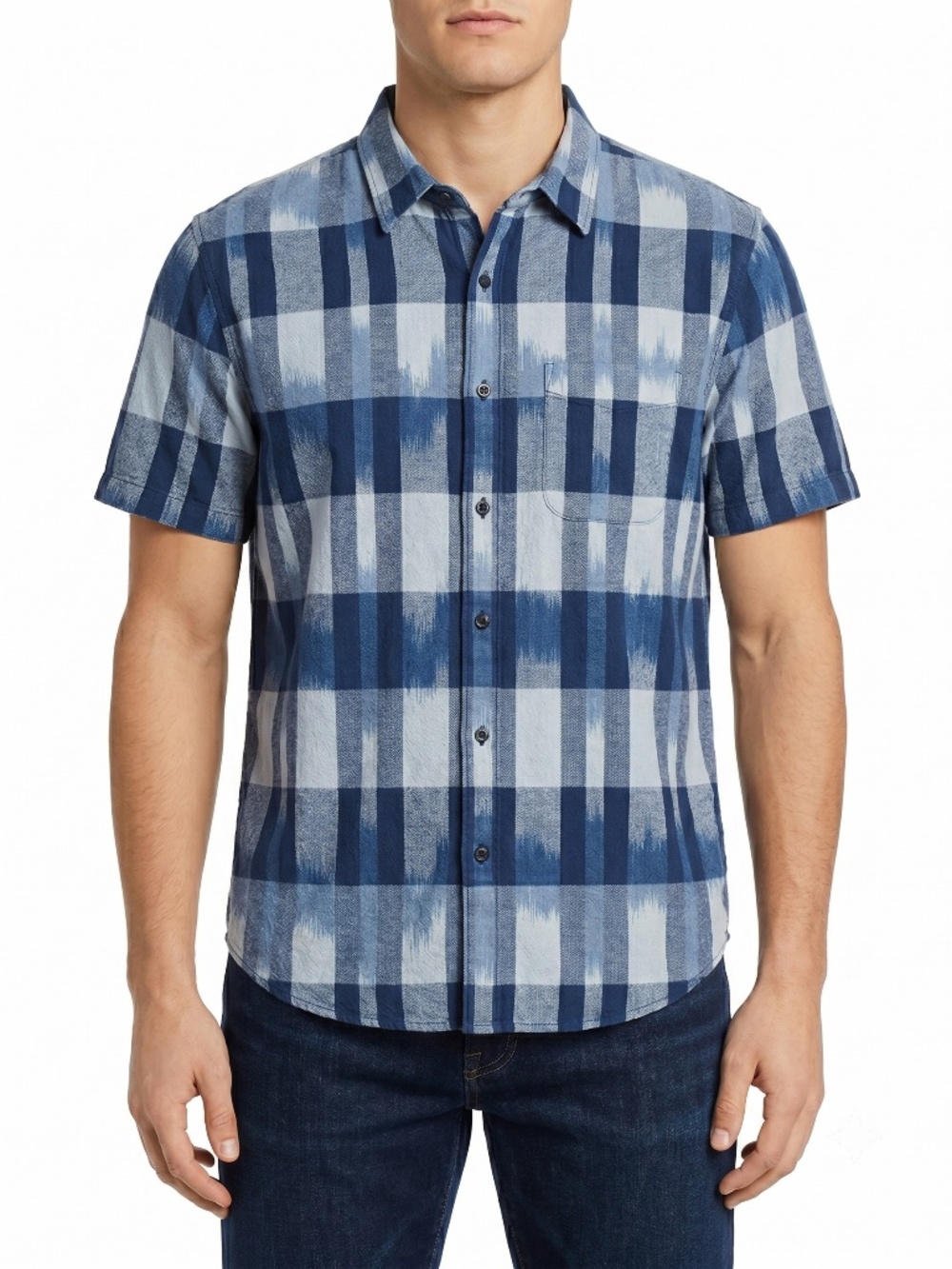 Lucky Brand Men Large Cotton Linen Blue Plaid Short Sleeve Button Down Shirt